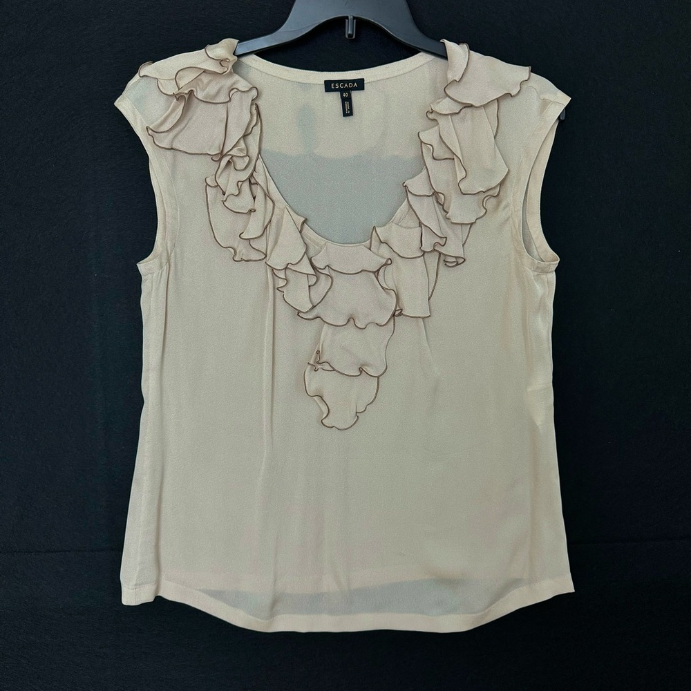 Escada Silk Sleeveless Blouse EU Size 40 Cream Beige Ruffle Lightweight READ